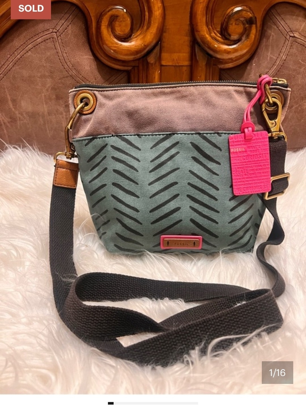 Fossil Vintage Teal Chevron Canvas With Pink Tag Crossbody Bag.